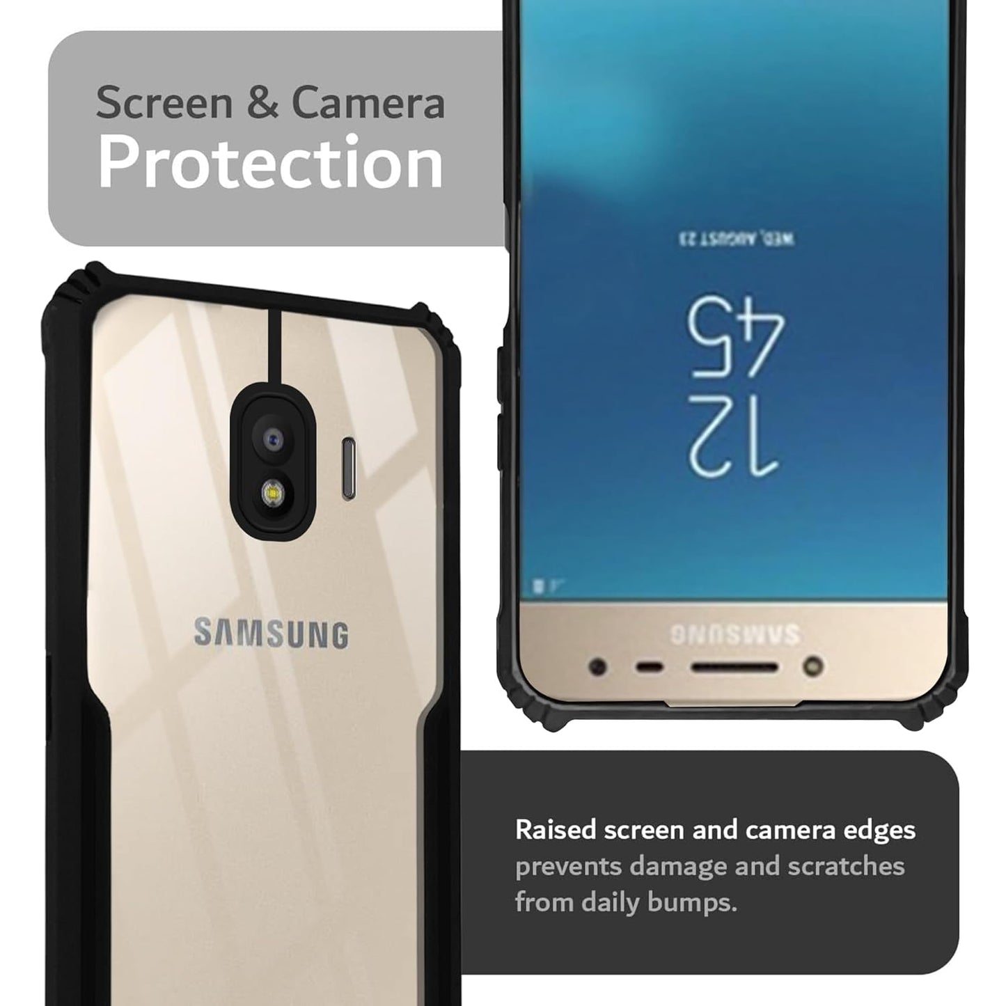 VAKIBO Best Selling Black and Transparent Coloured Made With Soft TPU and Acrylic Back Cover Case With 4 Corner and Camera Protection Suitable for Samsung Galaxy J2 2018