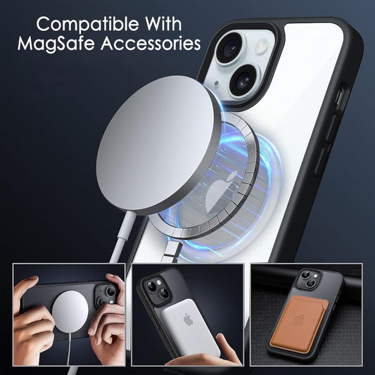 VAKIBO Megnatic Magsafe Transparent Soft with Hard back Back Cover Case With Camera Protection Ring Suitable for Apple iPhone 15