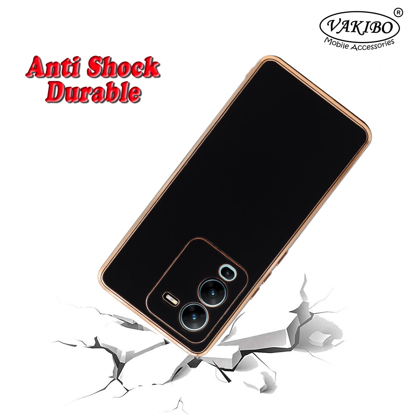 VAKIBO Golden Chrome Border Black Coloured Soft TPU Back Cover Case With Camera Protection Suitable for Vivo V25 Pro