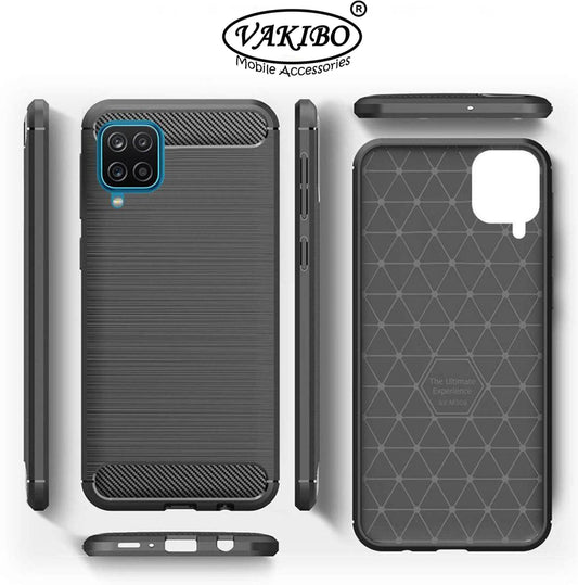 VAKIBO Carbon Fiber Brushed Black Coloured Soft TPU Back Cover Case With Camera Protection Ring Suitable for Samsung Galaxy A12