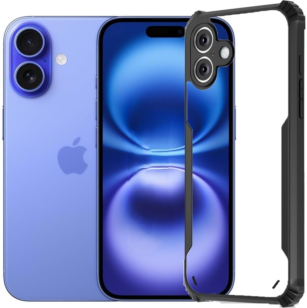 VAKIBO Best Selling Black and Transparent Coloured Made With Soft TPU and Acrylic Back Cover Case With 4 Corner and Camera Protection Suitable for iPhone 16 Plus