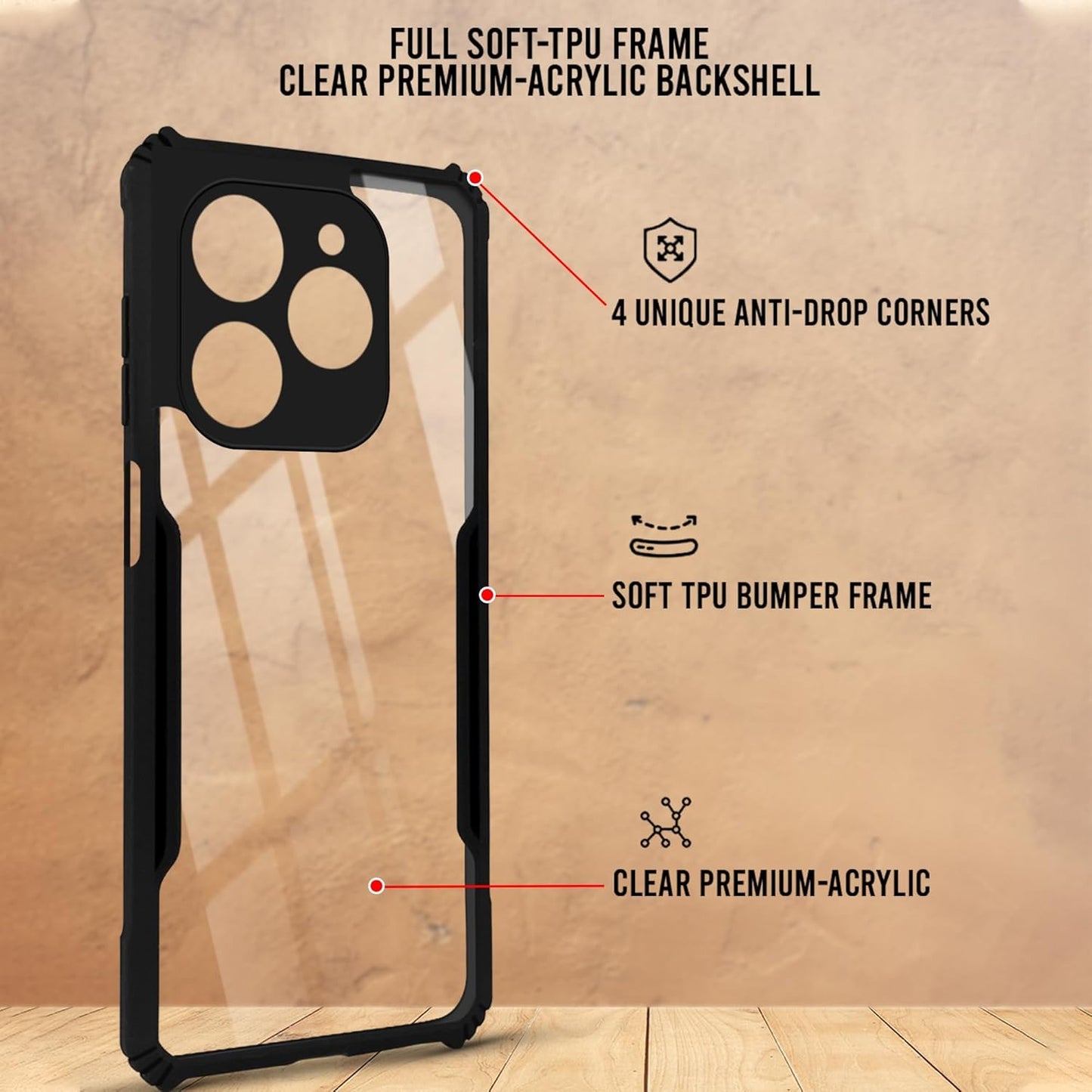 VAKIBO Super Premium Black Border Transparent Case With Corner Protection & Camera Protection Suitable for Tecno Spark 20 Pro