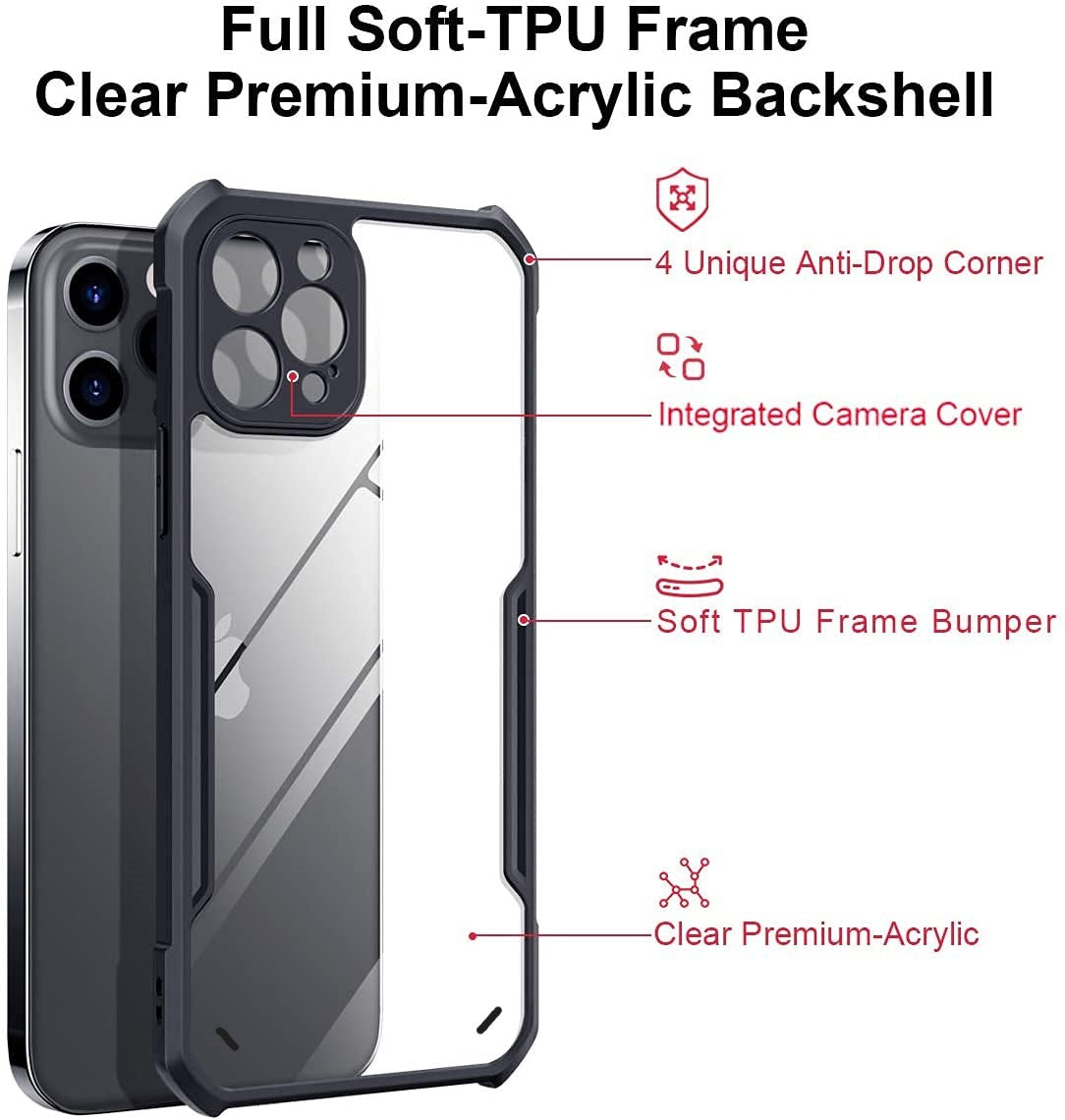 VAKIBO Best Selling Black and Transparent Coloured Made With Soft TPU and Acrylic Back Cover Case With 4 Corner and Camera Protection Suitable for iPhone 12 Pro Max