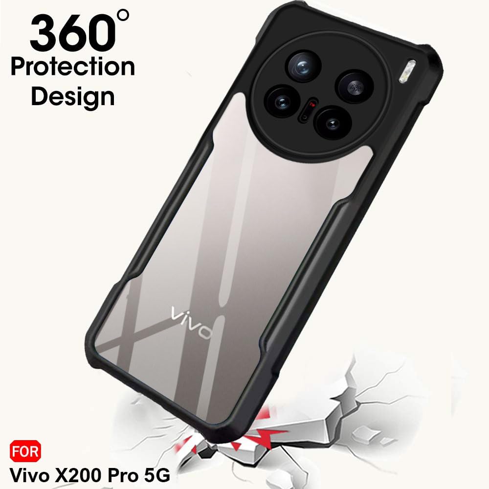 VAKIBO Best Selling Black and Transparent Coloured Made With Soft TPU and Acrylic Back Cover Case With 4 Corner and Camera Protection Suitable for Vivo X200 Pro