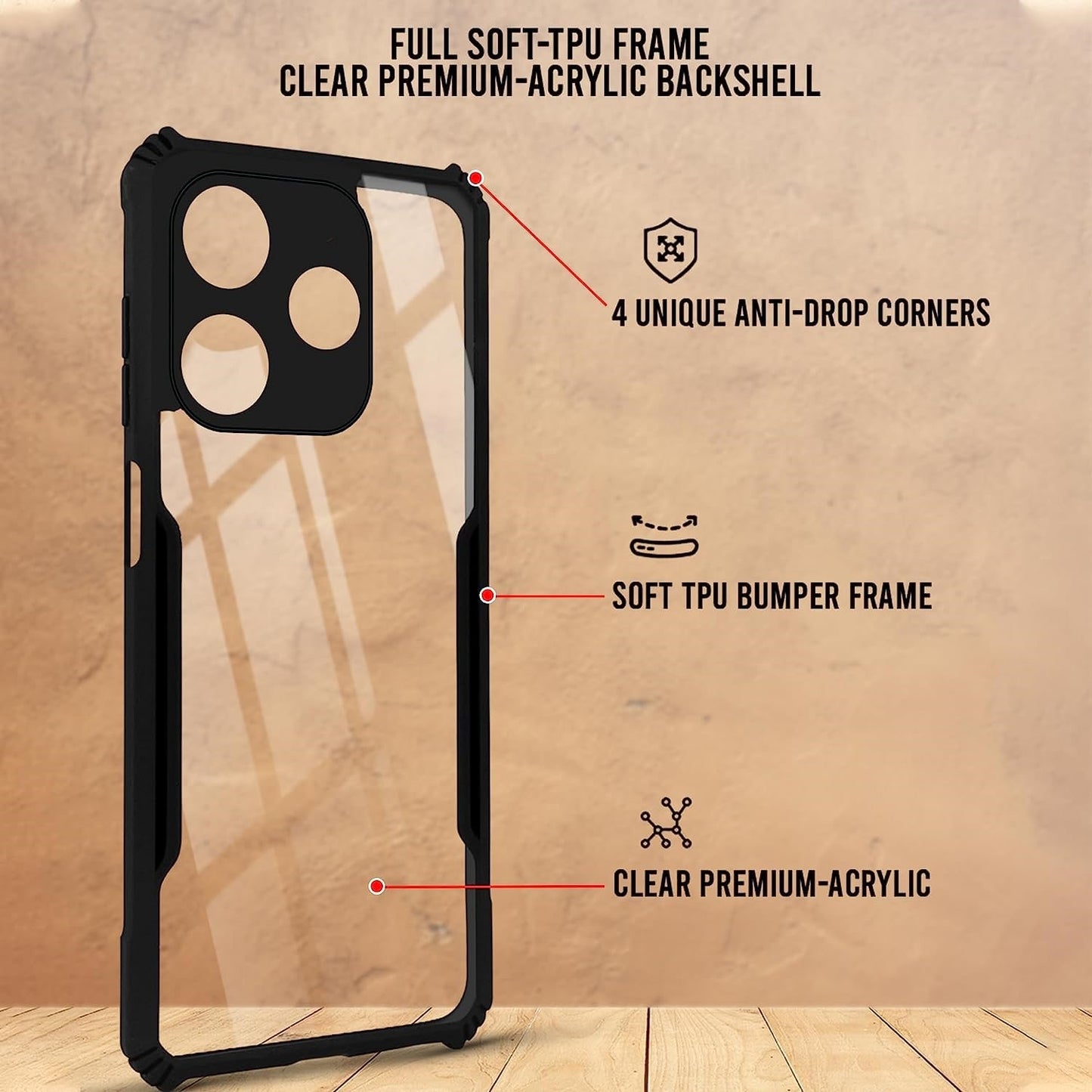 VAKIBO Super Premium Black Border Transparent Case With Corner Protection & Camera Protection Suitable for Tecno Spark Go 2024