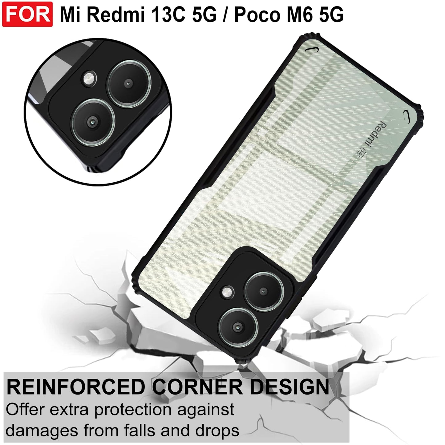 VAKIBO Super Premium Black Border Transparent Case With Corner Protection & Camera Protection Suitable for Mi Redmi 13C 5G
