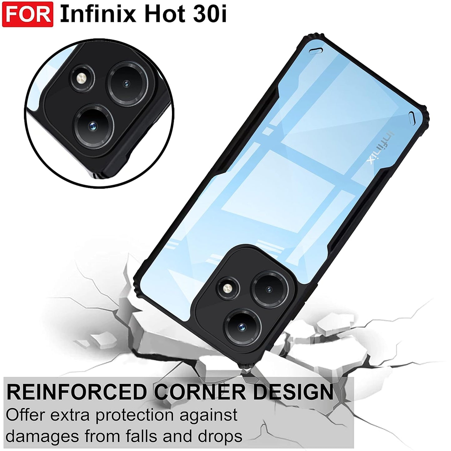 VAKIBO Super Premium Black Border Transparent Case With Corner Protection & Camera Protection Suitable for Infinix Hot 30i