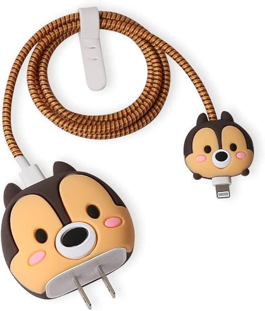 Cute 3D Cartoon Design Silicone Charger Cover Case for 18W-20W iPhone Only|360 Degree Protection and Cable Spiral (Brown Squirrel)