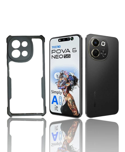 VAKIBO Best Selling Black and Transparent Coloured Made With Soft TPU and Acrylic Back Cover Case With 4 Corner and Camera Protection Suitable for Tecno Pova 6 Neo 5G