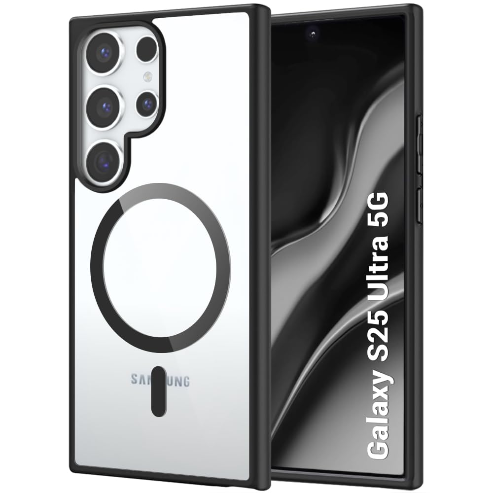 VAKIBO Megnatic Magsafe Black Coloured Soft with Hard back Back Cover Case With Camera Protection Ring Suitable for Samsung Galaxy S25 Ultra