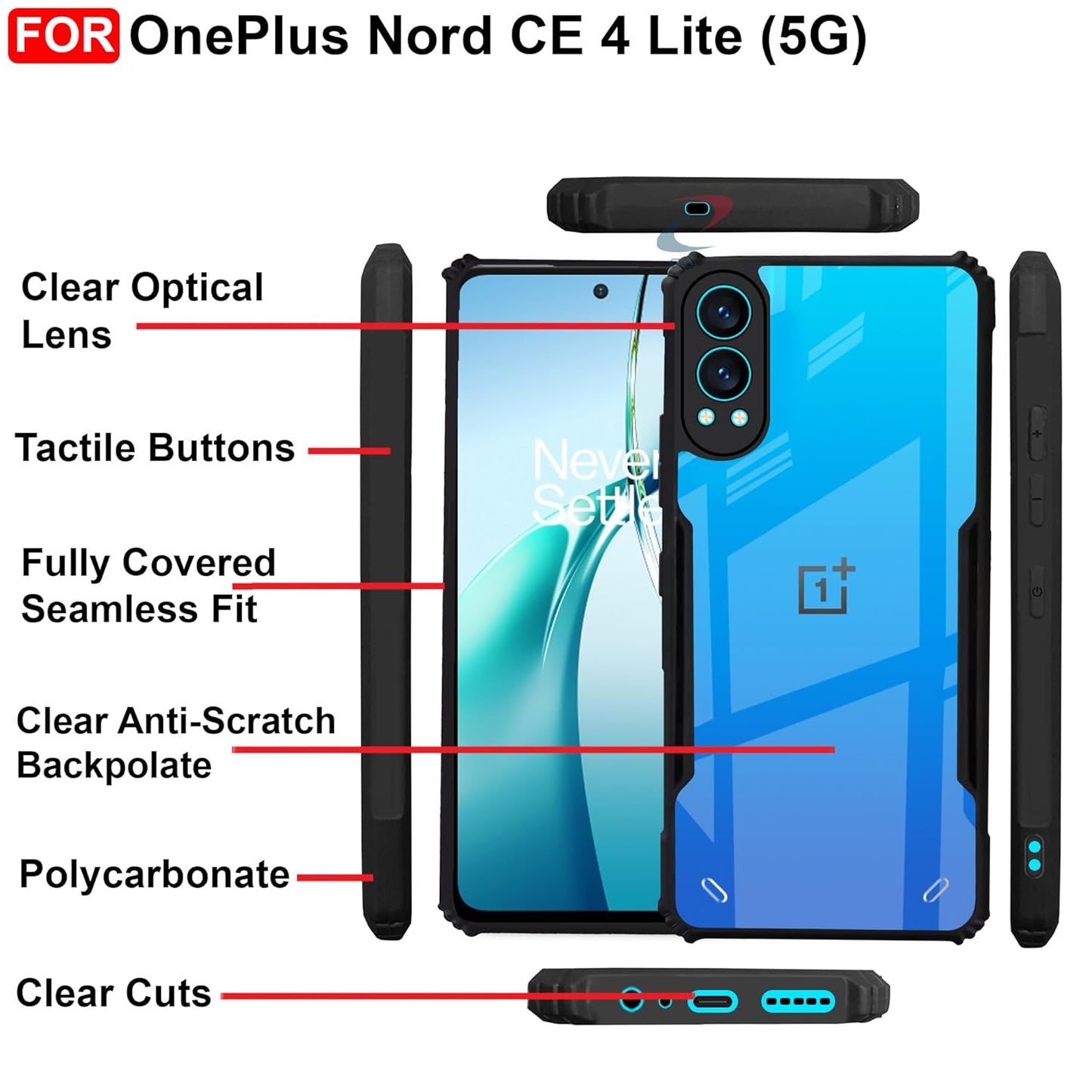 VAKIBO Best Selling Black and Transparent Coloured Made With Soft TPU and Acrylic Back Cover Case With 4 Corner and Camera Protection Suitable for OnePlus Nord CE4 Lite