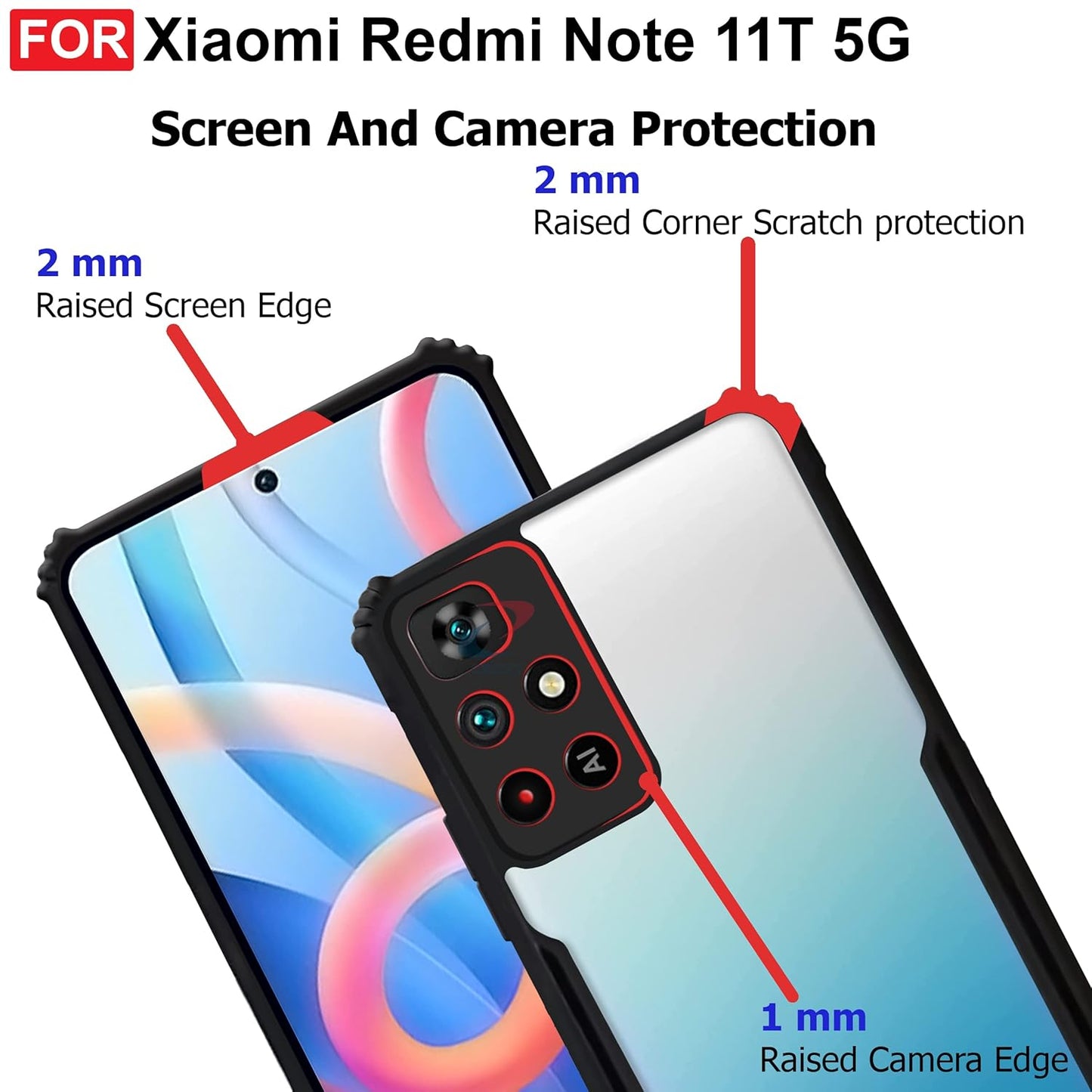 VAKIBO Best Selling Black and Transparent Coloured Made With Soft TPU and Acrylic Back Cover Case With 4 Corner and Camera Protection Suitable for Mi Redmi Note 11T