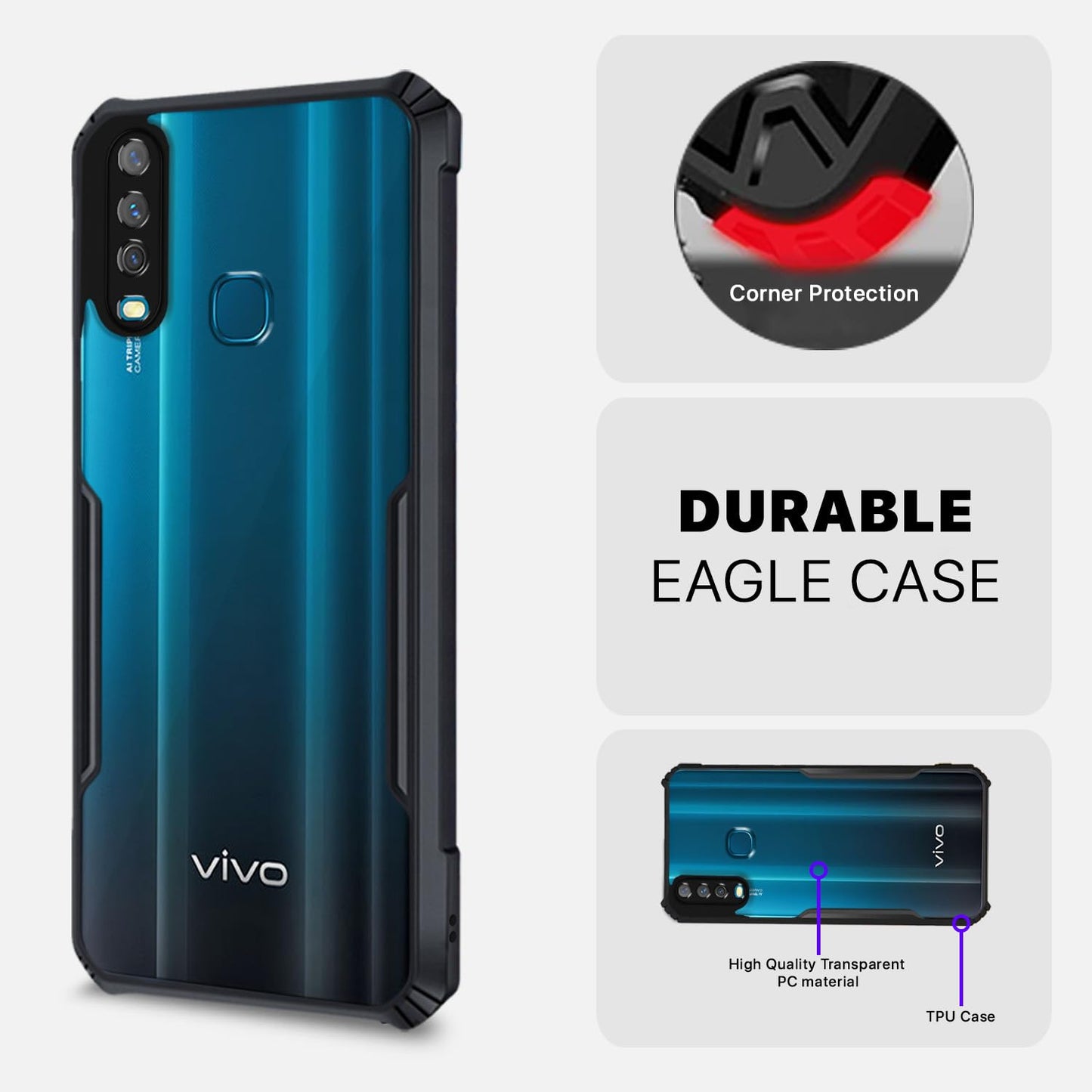 VAKIBO Best Selling Black and Transparent Coloured Made With Soft TPU and Acrylic Back Cover Case With 4 Corner and Camera Protection Suitable for Vivo Y15