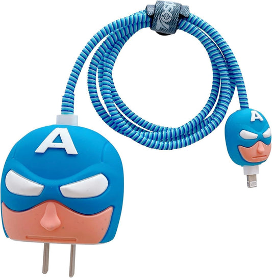 Cute Silicone Charger Case Cover with 360-degree Full Protection Cartoon Design Suitable for iPhone for 18-20W ,Adapter Charger Cover (blue superhero)