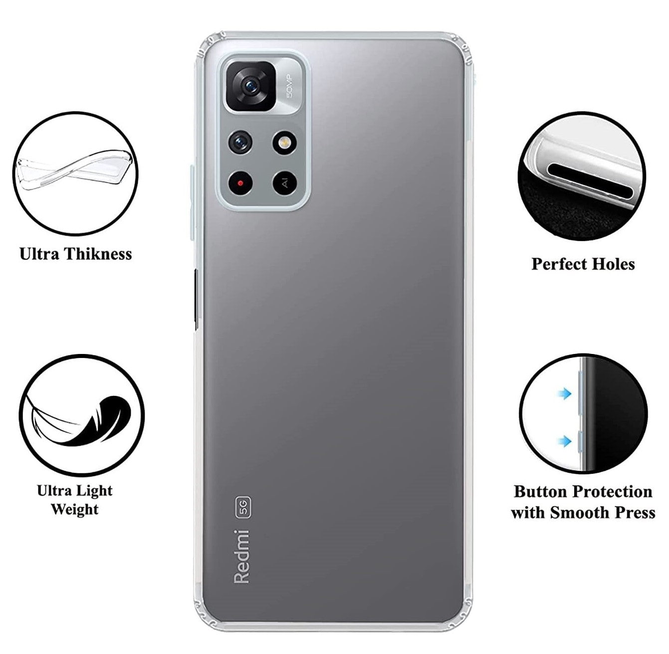VAKIBO Premium Clear 1.5MM Thick Transparent Soft TPU Rubber Back Cover Case With Camera Protection Suitable for Mi Redmi Note 11T