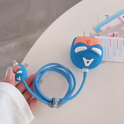 Cute Silicone Charger Case Cover with 360-degree Full Protection Cartoon Design Suitable for iPhone for 18-20W ,Adapter Charger Cover (blue superhero)