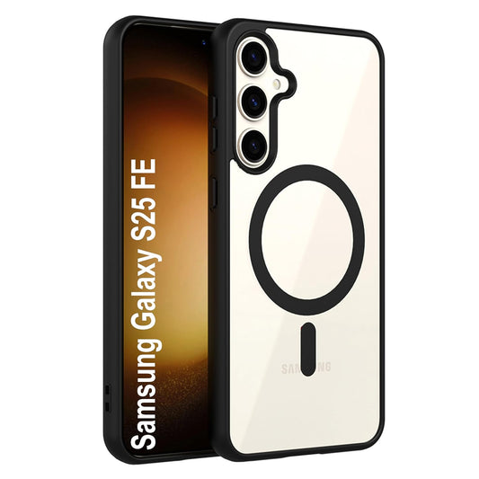 VAKIBO Megnatic Magsafe Black Coloured Soft with Hard back Back Cover Case With Camera Protection Ring Suitable for Samsung Galaxy S25 FE