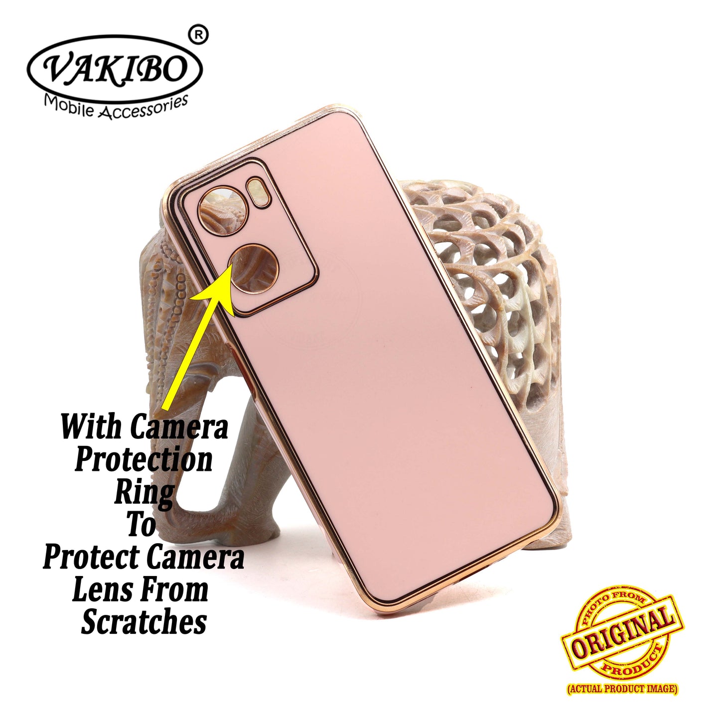 VAKIBO Golden Chrome Border Peach Coloured Soft TPU Back Cover Case With Camera Protection Suitable for Oppo A57e