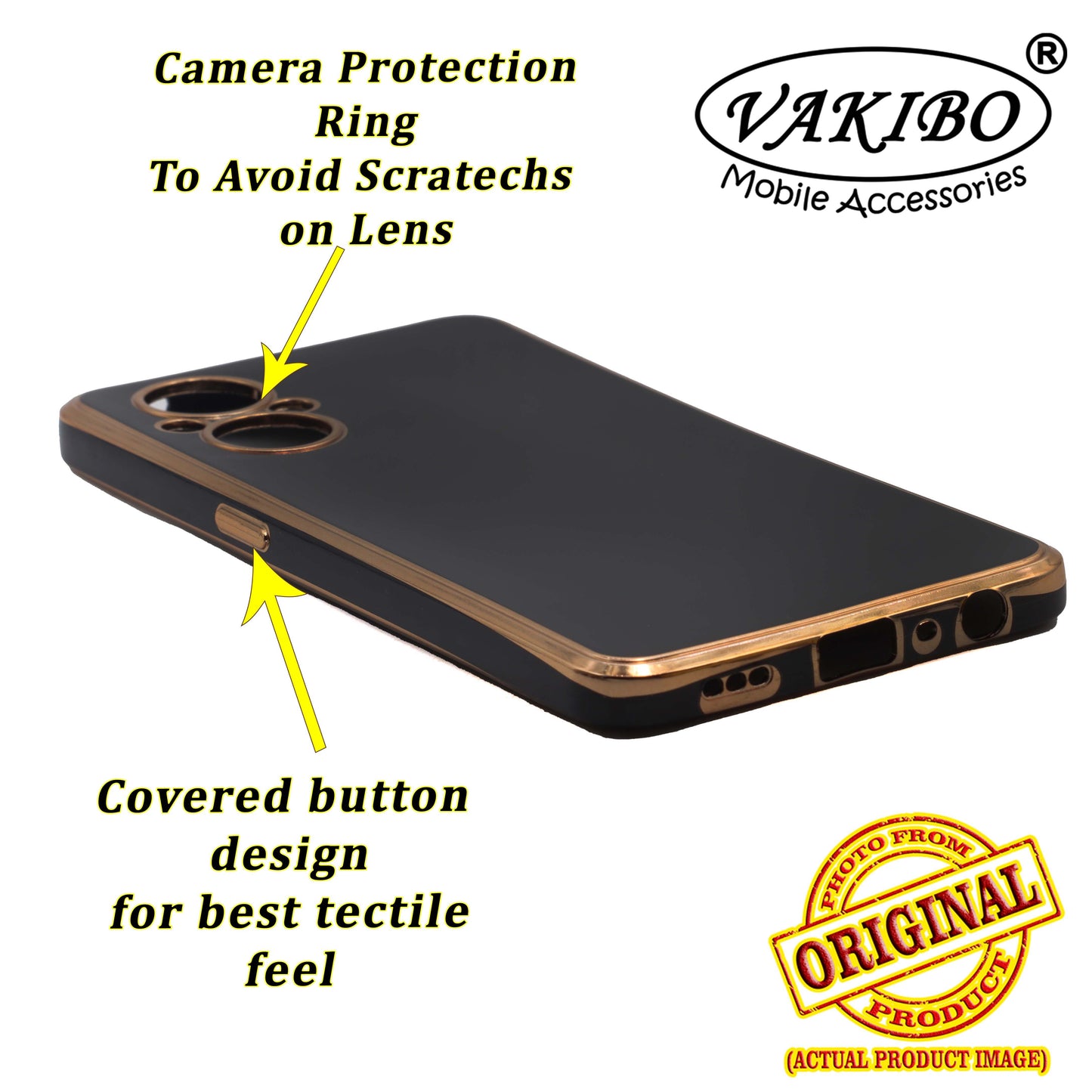 VAKIBO Golden Chrome Border Black Coloured Soft TPU Back Cover Case With Camera Protection Suitable for Oppo F21 Pro