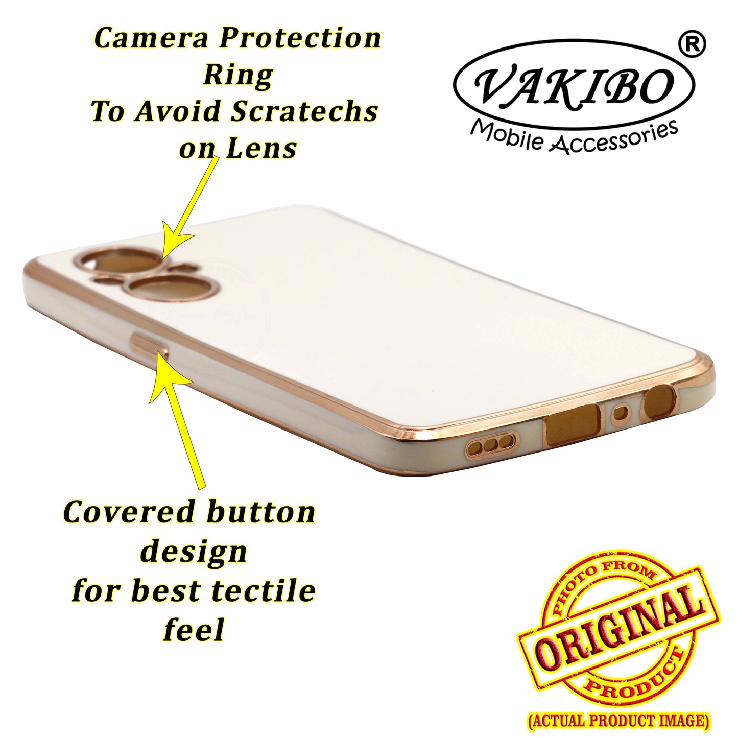 VAKIBO Golden Chrome Border White Coloured Soft TPU Back Cover Case With Camera Protection Suitable for Oppo F21 Pro