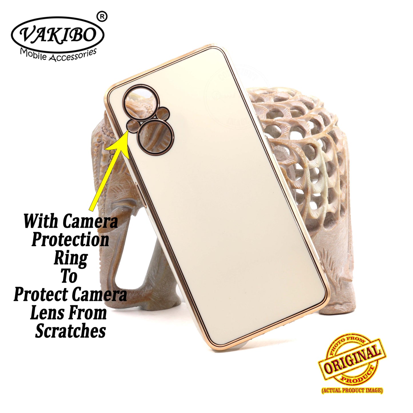VAKIBO Golden Chrome Border White Coloured Soft TPU Back Cover Case With Camera Protection Suitable for Oppo Reno 7Z