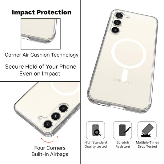 VAKIBO Megnatic Magsafe Transparent Coloured Soft with Hard back Back Cover Case With Camera Protection Ring Suitable for Samsung Galaxy S23