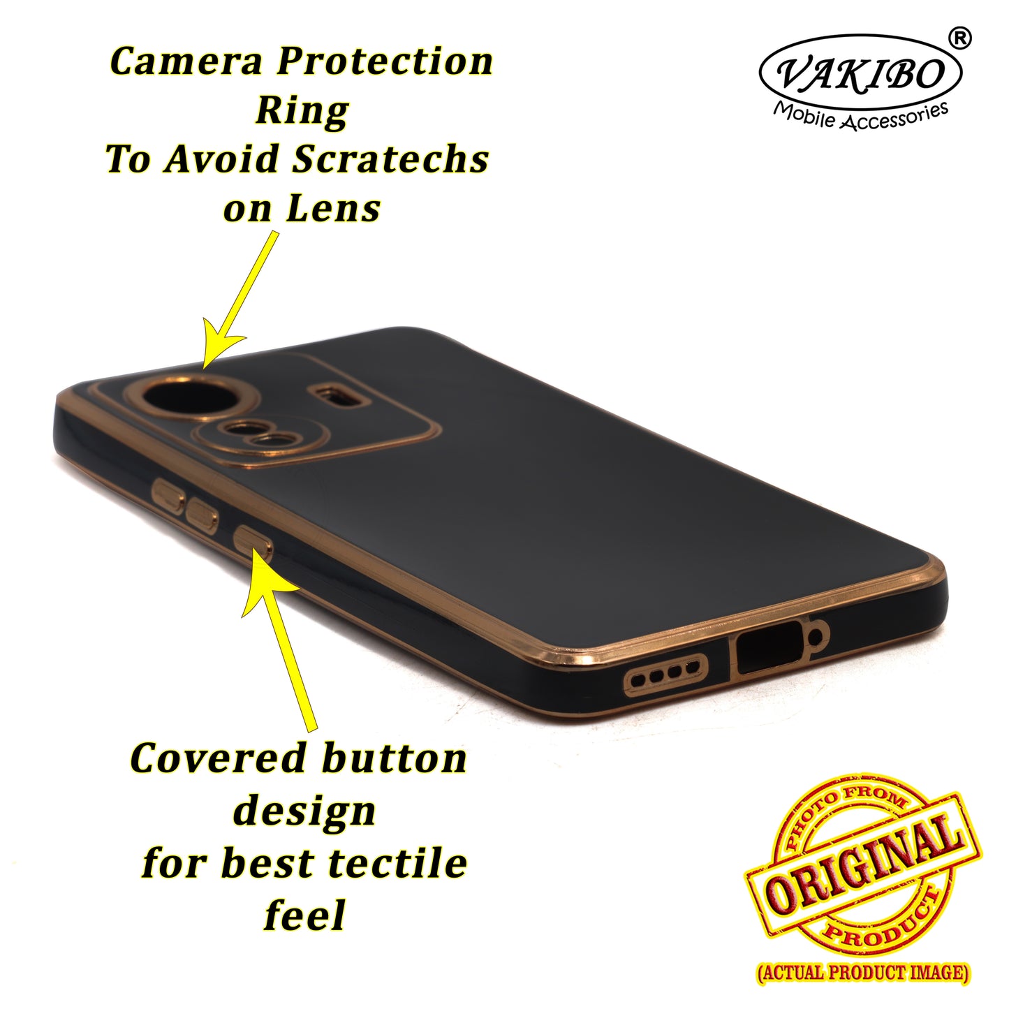 VAKIBO Golden Chrome Border Black Coloured Soft TPU Back Cover Case With Camera Protection Suitable for Vivo T1 Pro