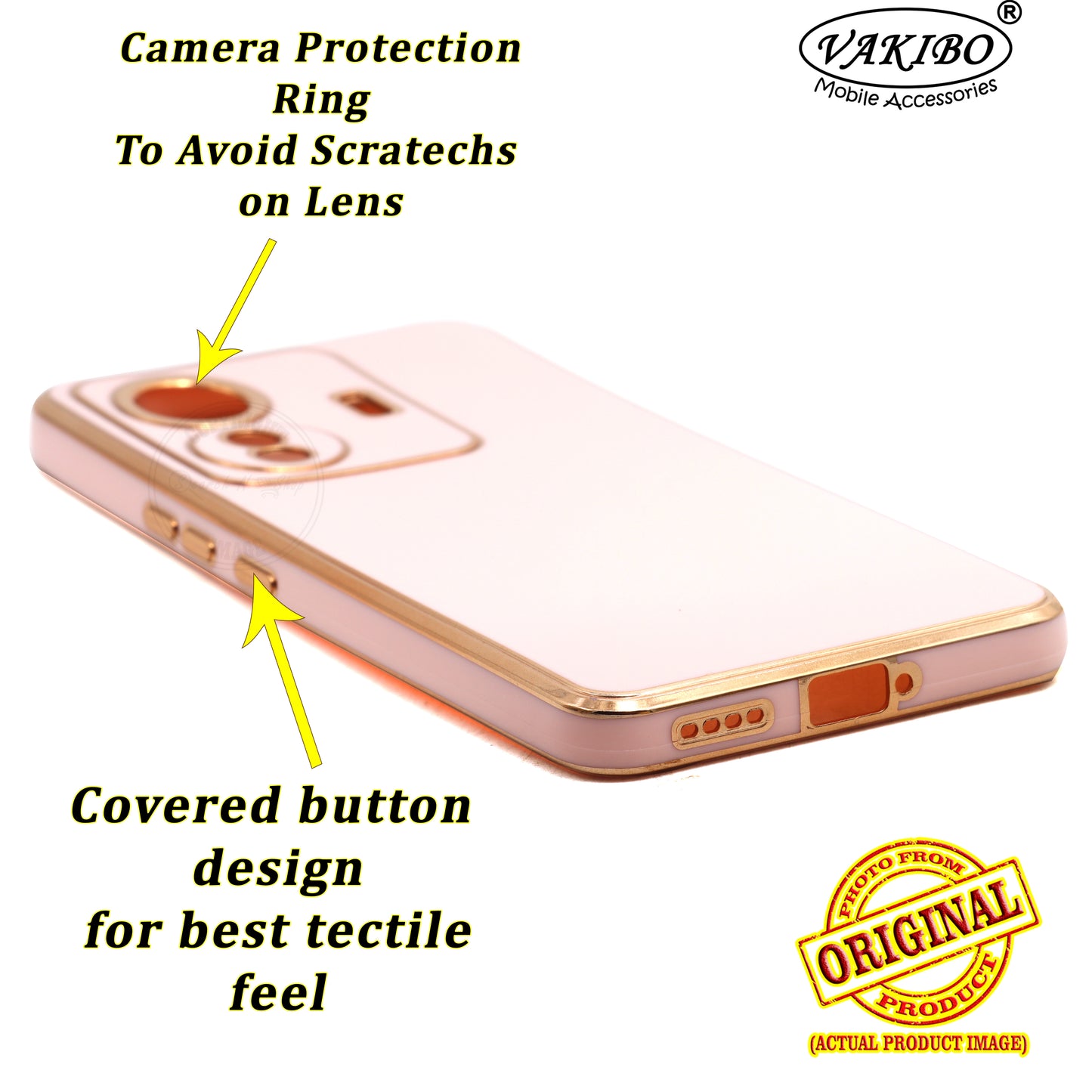 VAKIBO Golden Chrome Border Peach Coloured Soft TPU Back Cover Case With Camera Protection Suitable for Vivo T1 Pro