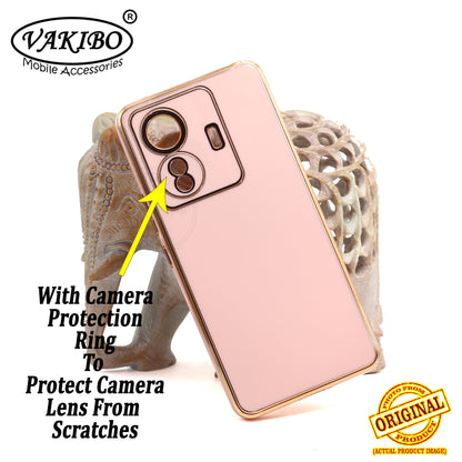 VAKIBO Golden Chrome Border Peach Coloured Soft TPU Back Cover Case With Camera Protection Suitable for Vivo T1 Pro