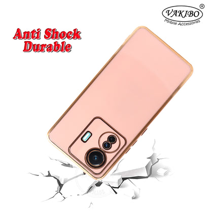 VAKIBO Golden Chrome Border Peach Coloured Soft TPU Back Cover Case With Camera Protection Suitable for Vivo T1 Pro