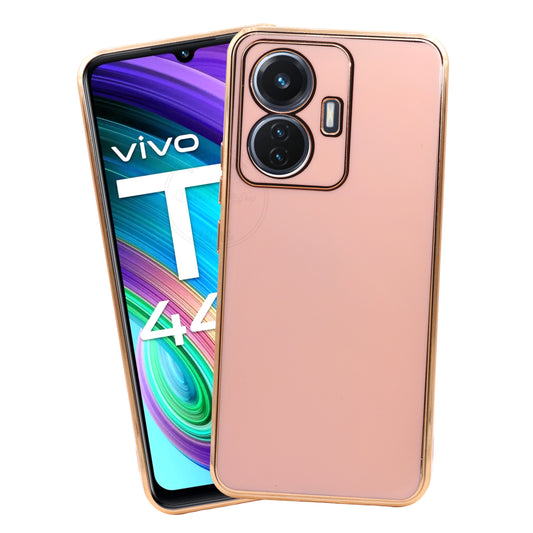 VAKIBO Golden Chrome Border Peach Coloured Soft TPU Back Cover Case With Camera Protection Suitable for Vivo T1 44W
