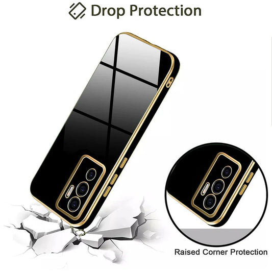 VAKIBO Golden Chrome Border Black Coloured Soft TPU Back Cover Case With Camera Protection Suitable for Vivo V23e 5G