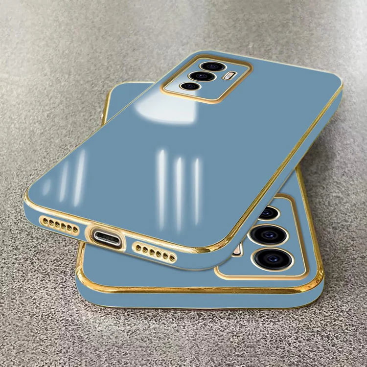 VAKIBO Golden Chrome Border Steel Blue Coloured Soft TPU Back Cover Case With Camera Protection Suitable for Vivo V23e 5G