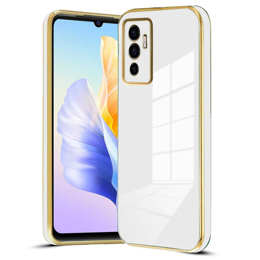 VAKIBO Golden Chrome Border White Coloured Soft TPU Back Cover Case With Camera Protection Suitable for Vivo V23e 5G