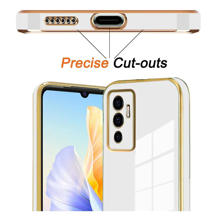 VAKIBO Golden Chrome Border White Coloured Soft TPU Back Cover Case With Camera Protection Suitable for Vivo V23e 5G