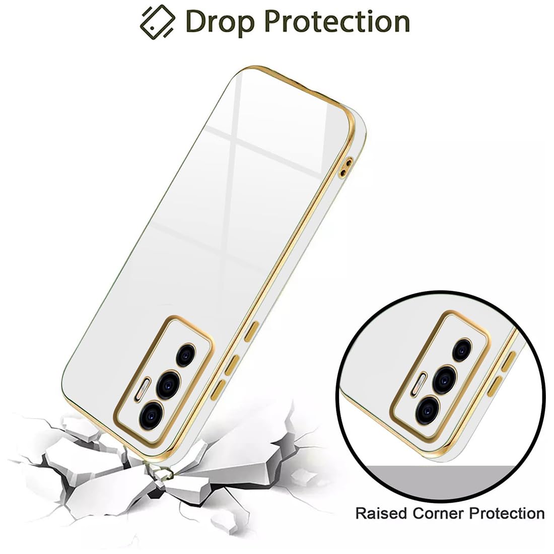 VAKIBO Golden Chrome Border White Coloured Soft TPU Back Cover Case With Camera Protection Suitable for Vivo V23e