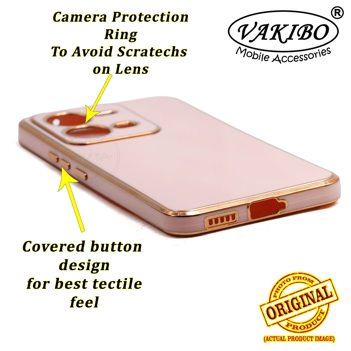VAKIBO Golden Chrome Border Peach Coloured Soft TPU Back Cover Case With Camera Protection Suitable for Vivo V25