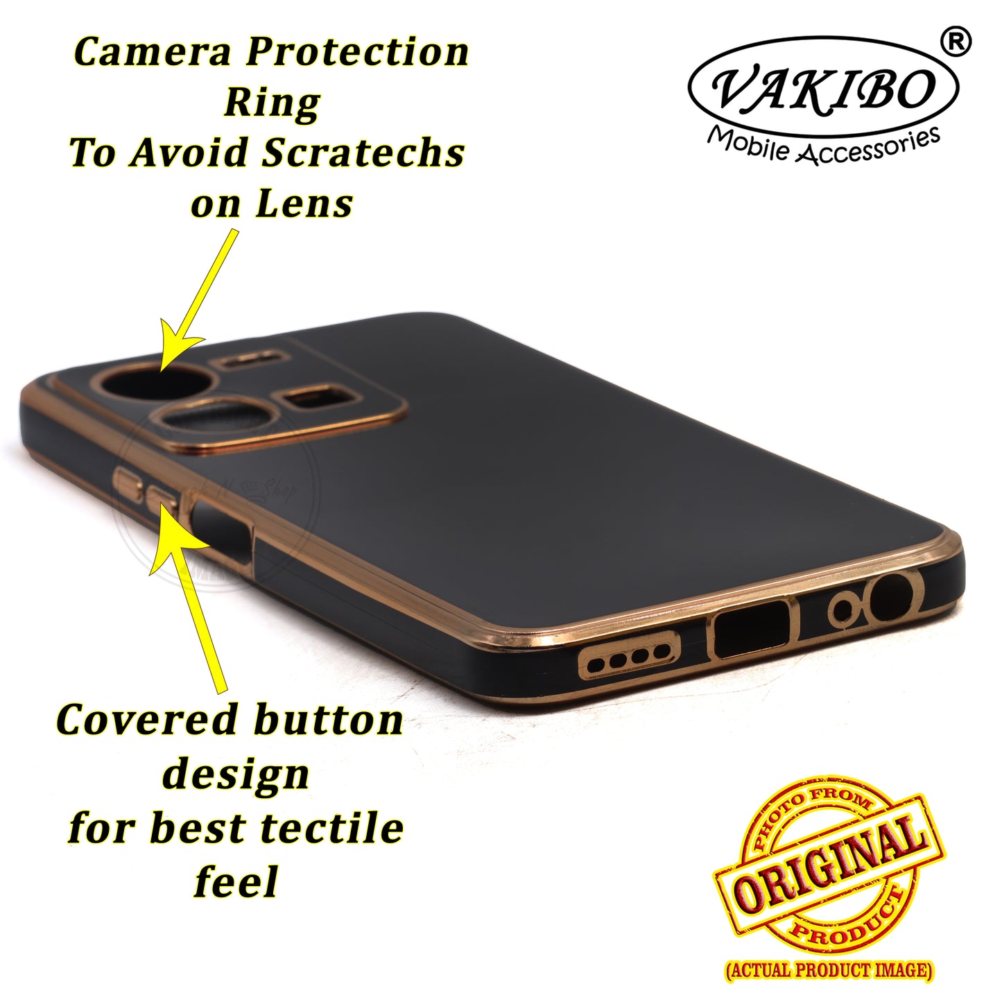 VAKIBO Golden Chrome Border Black Coloured Soft TPU Back Cover Case With Camera Protection Suitable for Vivo Y35