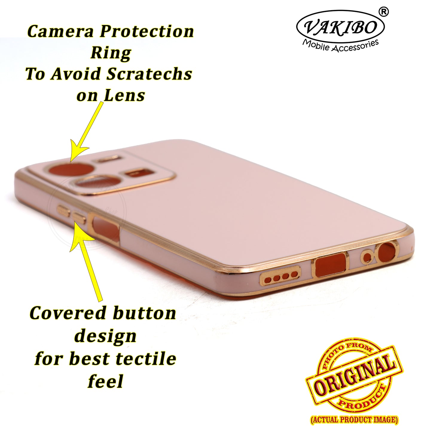 VAKIBO Golden Chrome Border Peach Coloured Soft TPU Back Cover Case With Camera Protection Suitable for Vivo Y35
