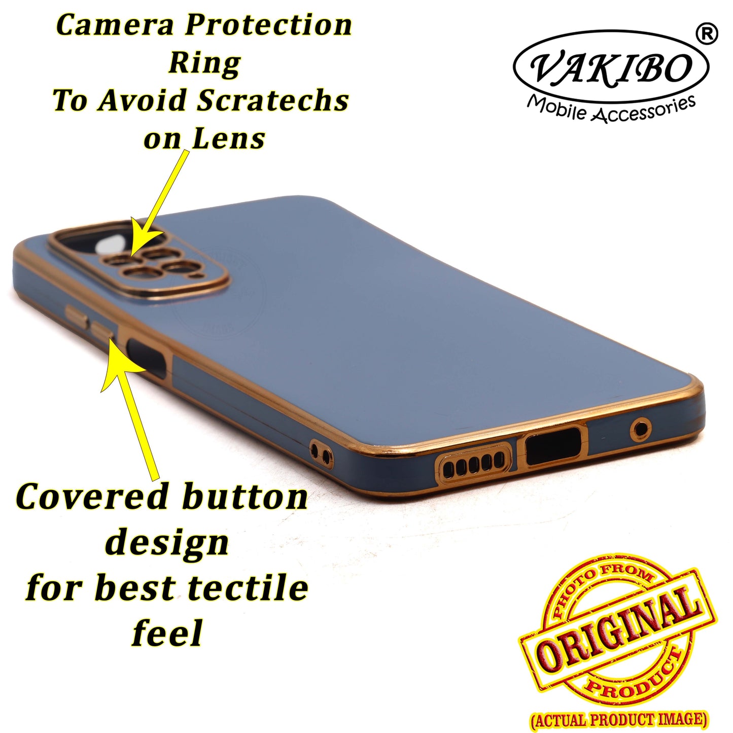 VAKIBO Golden Chrome Border Steel Blue Coloured Soft TPU Back Cover Case With Camera Protection Suitable for Mi Redmi Note 11