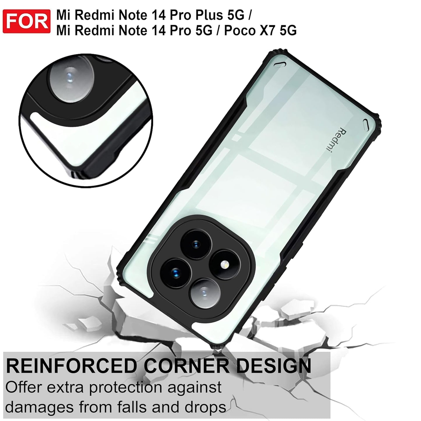 VAKIBO Best Selling Black and Transparent Coloured Made With Soft TPU and Acrylic Back Cover Case With 4 Corner and Camera Protection Suitable for Mi Redmi Note 14 Pro