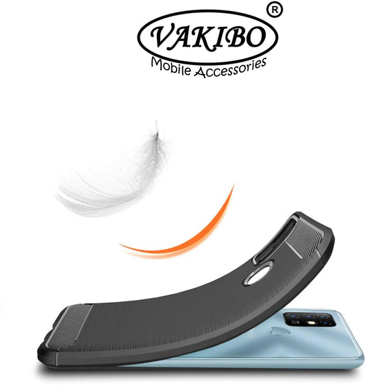 VAKIBO Carbon Fiber Brushed Black Coloured Soft TPU Back Cover Case With Camera Protection Ring Suitable for Infinix Hot 10