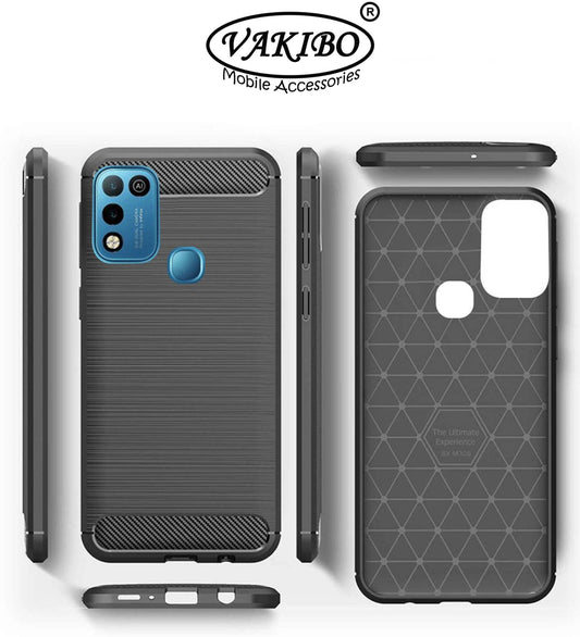 VAKIBO Carbon Fiber Brushed Black Coloured Soft TPU Back Cover Case With Camera Protection Ring Suitable for Infinix Smart 5