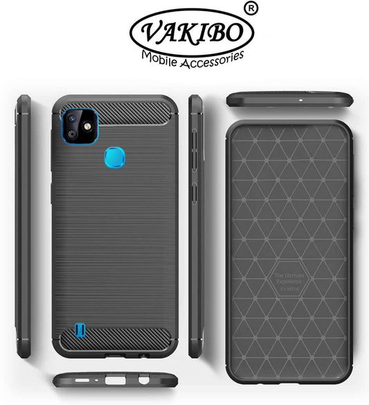 VAKIBO Carbon Fiber Brushed Black Coloured Soft TPU Back Cover Case With Camera Protection Ring Suitable for Infinix Smart HD 2021
