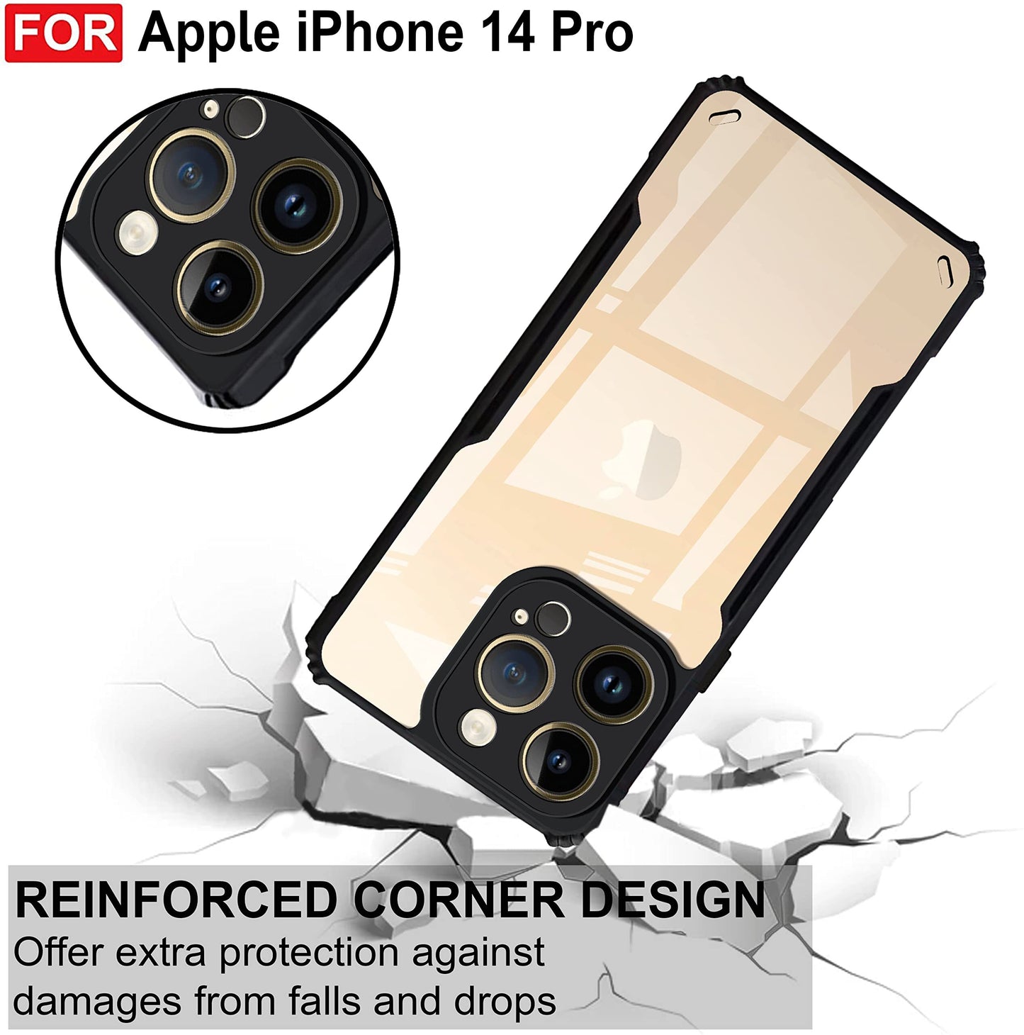 VAKIBO Best Selling Black and Transparent Back Cover Case Made With Soft TPU and Acrylic With 4 Corner and Camera Protection Suitable for Apple iPhone 14 Pro