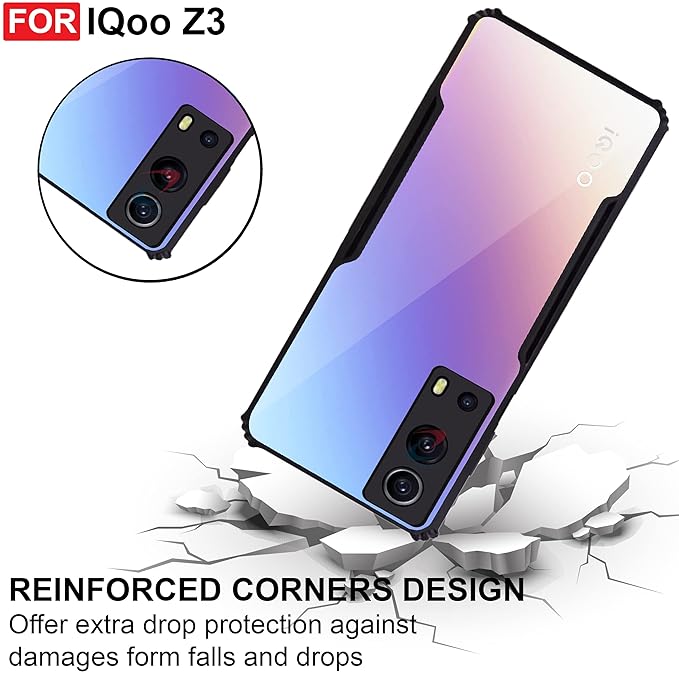 VAKIBO Best Selling Black and Transparent Back Cover Case Made With Soft TPU and Acrylic With 4 Corner and Camera Protection Suitable for iQOO Z3