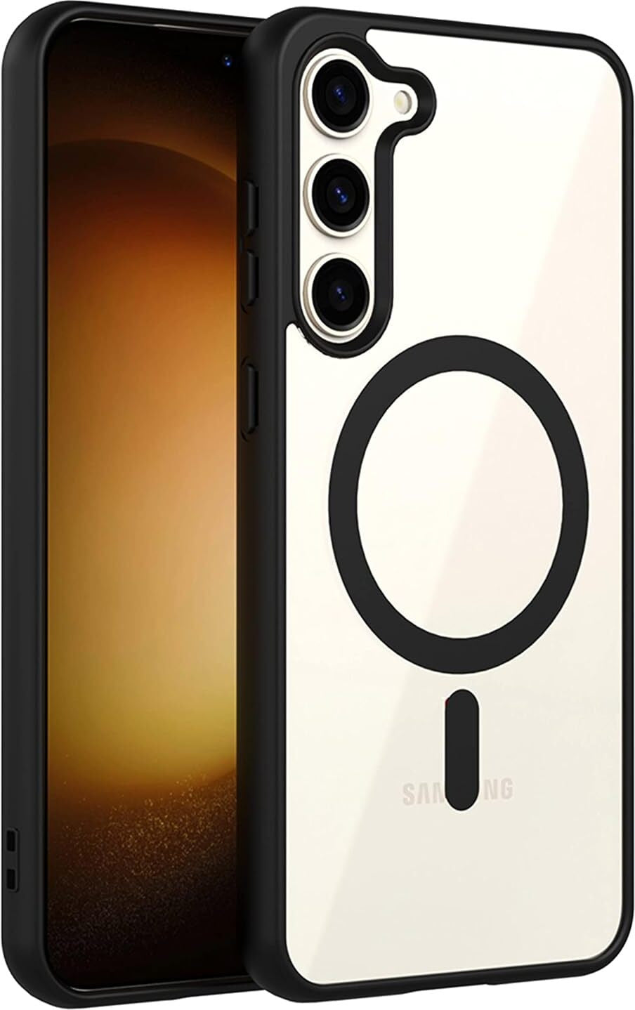 VAKIBO Megnatic Magsafe Black Coloured Soft with Hard back Back Cover Case With Camera Protection Ring Suitable for Samsung Galaxy S23