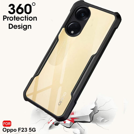 VAKIBO Best Selling Black and Transparent Back Cover Case Made With Soft TPU and Acrylic With 4 Corner and Camera Protection Suitable for Oppo F23 5G