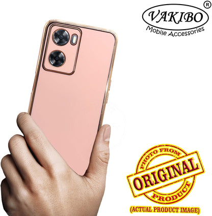 VAKIBO Golden Chrome Border Peach Coloured Soft TPU Back Cover Case With Camera Protection Suitable for Oppo A57