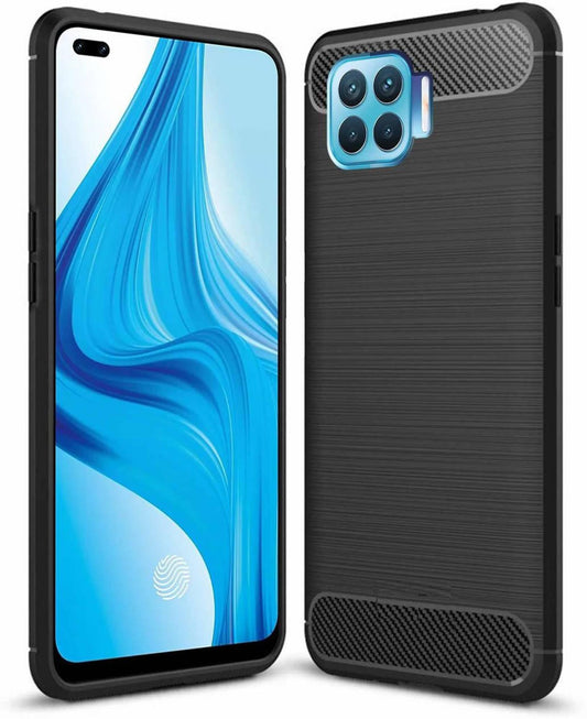 VAKIBO Carbon Fiber Brushed Black Coloured Soft TPU Back Cover Case With Camera Protection Ring Suitable for Oppo F17 Pro